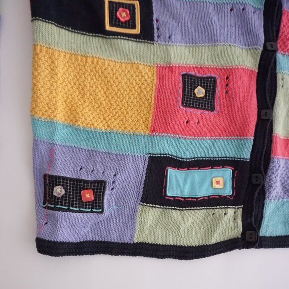 Koret Teal Pink Colorblock Cotton Blend Patchwork Button Up Cardigan Sweater M - Picture 8 of 12